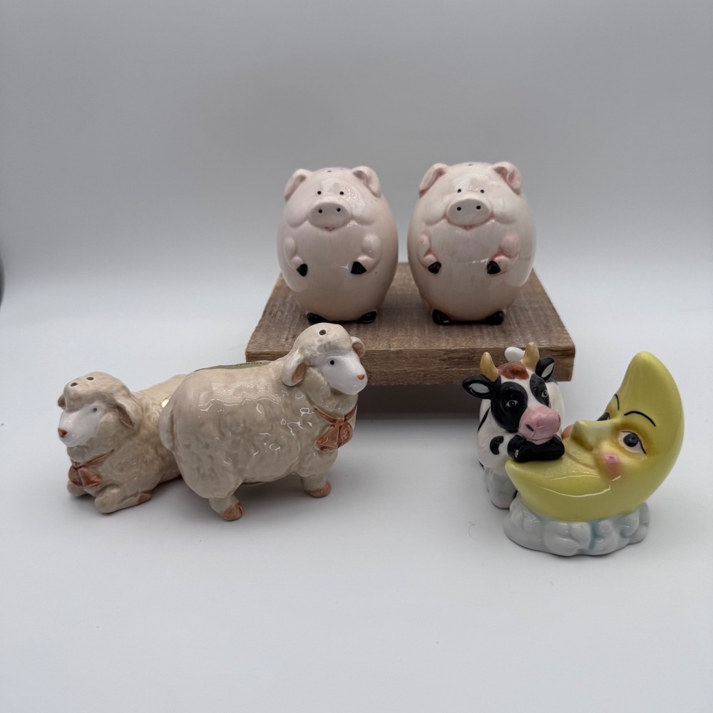 Curated Cottagecore Salt and Pepper Shakers Sheep Pigs Cow and Over Moon Lot 6pc